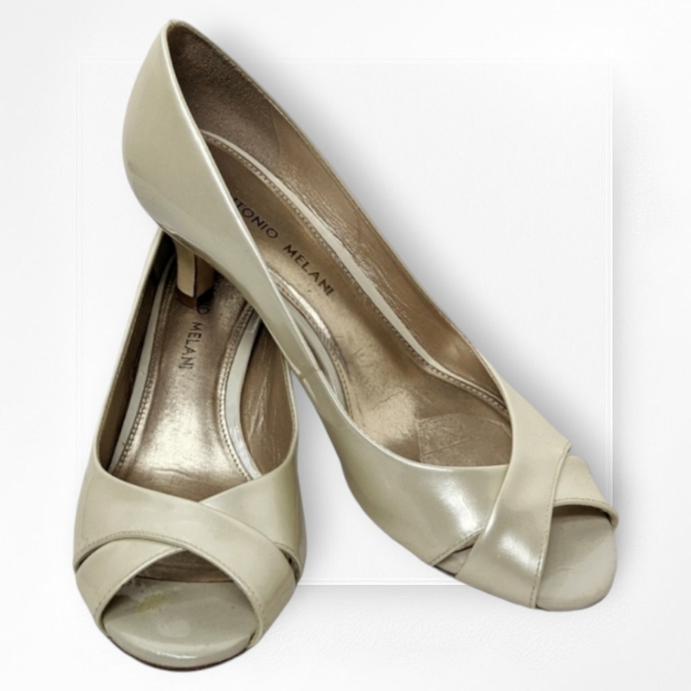 Antonio Melani Open Toe Heels Dress Pumps Ivory Patent Leather Size 7.5